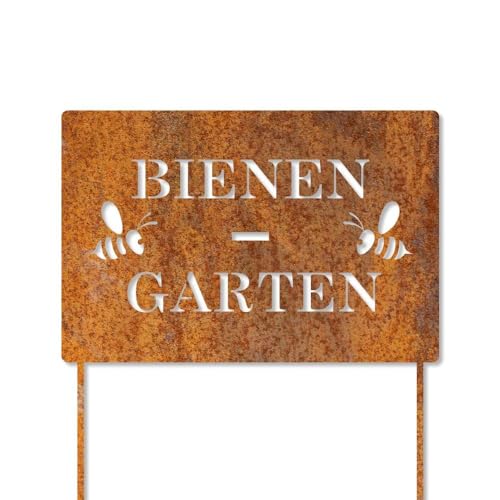 Feuerfest 123 - Edelrost Schild Bienen-Garten 30x20 cm, Gartenschild aus Cortenstahl, Rostige Gartendeko in Handarbeit gefertigt, unempfindlicher & langlebiger Deko-Rost, Made in Germany