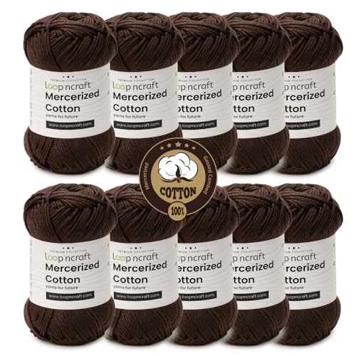 Mercerized Cotton 10er-Set, Dunkel Braun, Loopncraft, 10 X 50g, Amigurumi Garn, Premium, 100% merzerisierte, gekämmte und gasierte Baumwolle