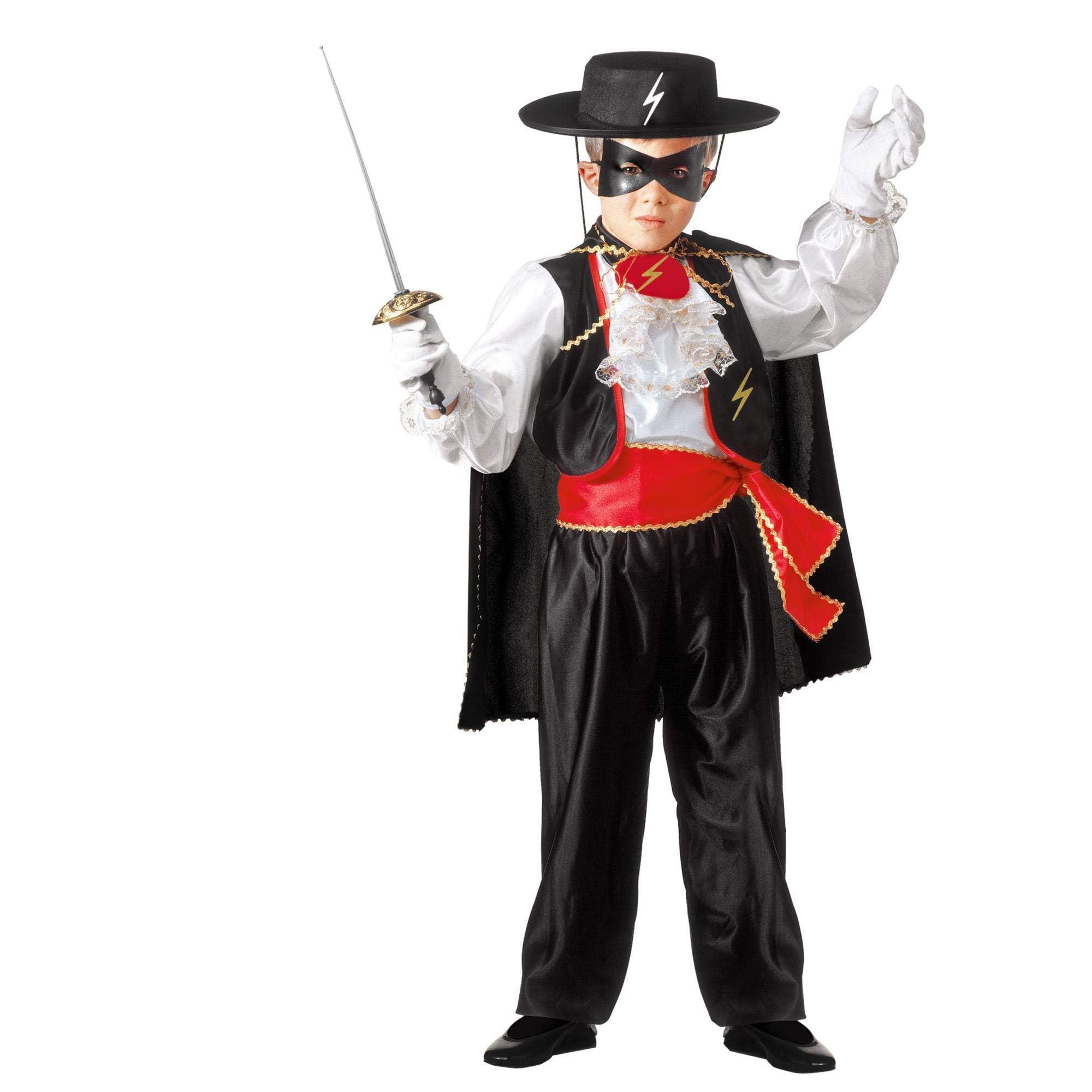 Widmann - Kinderkostüm Zorro, Hemd mit Jabot, Weste, Hose, Gürtel, Umhang, Maske, maskierter Verbrecher, Räuber, Karneval, Fasching, Mottoparty