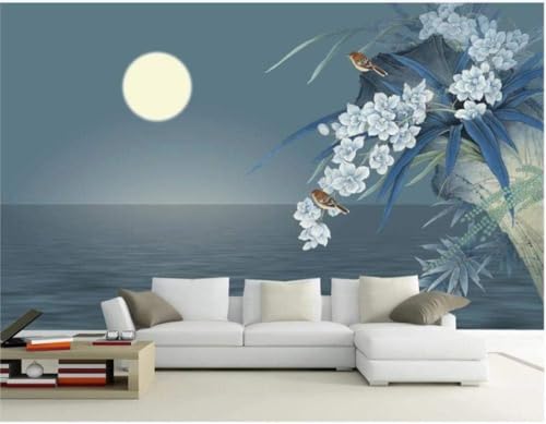 Mond Meer Blumen Vögel 3D Tapete Poster Restaurant Schlafzimmer Wohnzimmer Sofa TV Dekorative Wand-300cm×210cm