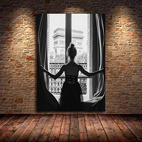 Schwarz-Weiß-Fenster Mädchen Nordic Leinwand Malerei Mode schöne Frau Poster gerahmt Wandkunst Bilder Wohnzimmer 60 x 85 cm (24 x 34 Zoll) Mit Rahmen