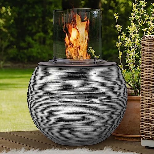 muenkel design MEDA – Riffelung weiß-grau – Bio-Ethanol Feuerstelle Gartenfackel Terrassenfeuer mit Round Burner 350 Brennkammer