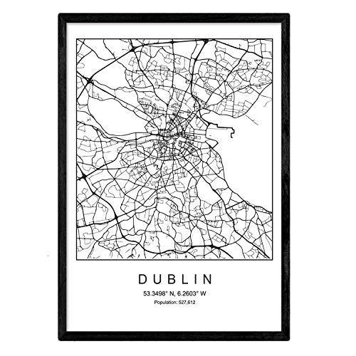 Karte der Stadt Map Dublin Nordic Style in Schwarzweiß. Poster A3 Größe mit schwarzem Rahmen gedruckt Papier 250 gr. Bilder, Bettwäsche und Poster für Salon und Schlafzimmer