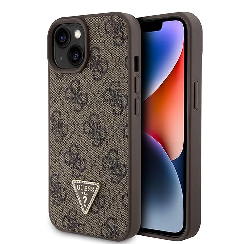 GUESS GUHCP15SP4TDPW Hülle für iPhone 15 6.1" braun hardcase Leather 4G Triangle Strass