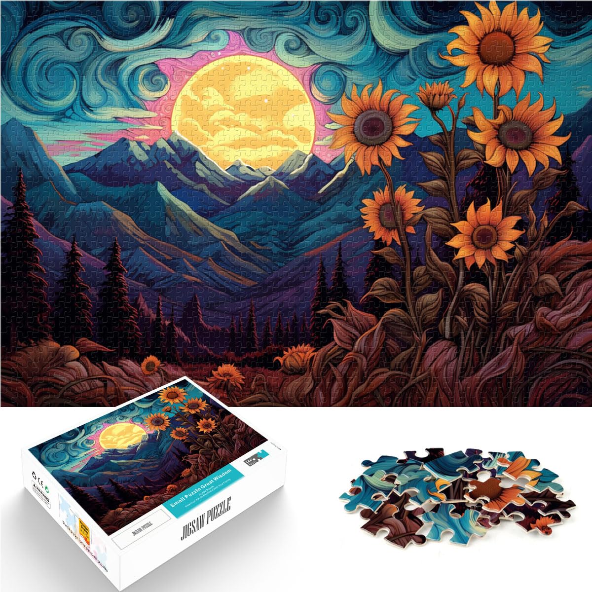 Puzzle für Sonnenblume unter Mondlicht, 1000-teiliges Puzzle für Erwachsene, Holzpuzzle, entspannendes geistiges Lernspielzeug, 1000 Teile (50 x 75 cm)