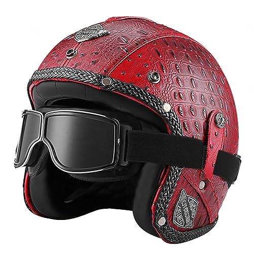 Motorradhelm, Mofa-Helm Vintage Jethelm Retro 3/4 Lederhelm Halbschalenhelm Unisex Ganzjahreshelm DOT ECE-Zugelassener Cruiser Chopper Roller Mopedhelm,B-L=(59~60cm)