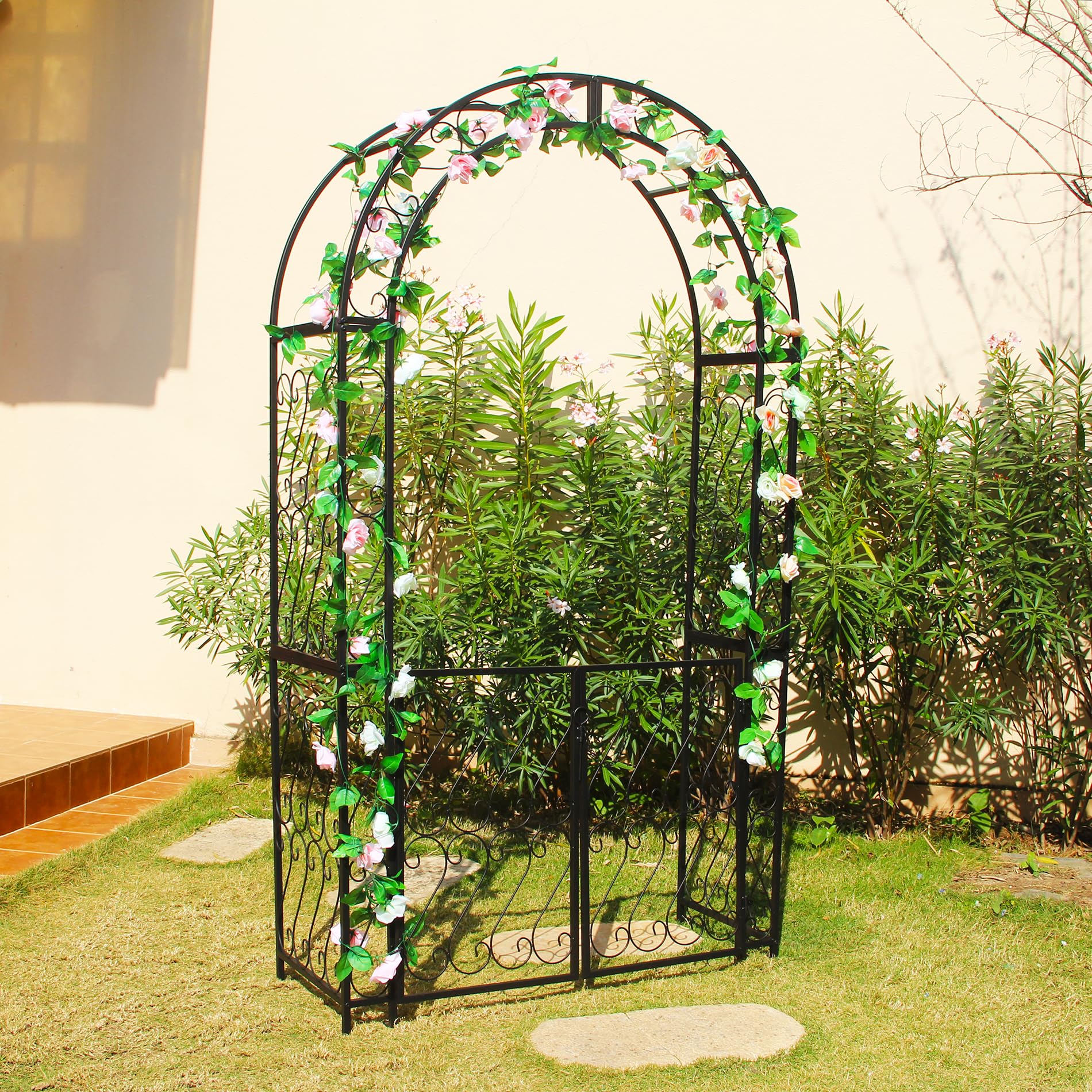 SCENDOR GARDEN Rosenlaubengarten mit Tor, 212 x 124 x 47 cm Gebogener Rosenbogen aus Eisen, Romantisches Gartenspalier für Kletterpflanzen, Jasminbögen für die Hochzeitszeremonie