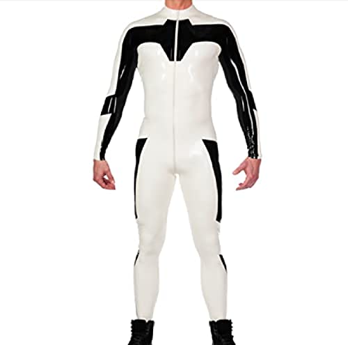 Latex-Catsuit Sexy Gummi-Bodysuit-Kostüm, weiß mit schwarz, XL