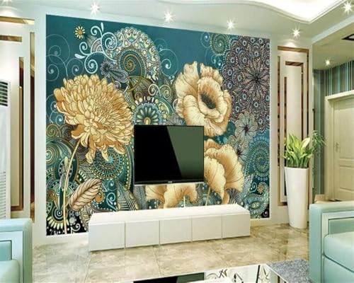 Vintage Gold Blume 3D Tapete Poster Restaurant Schlafzimmer Wohnzimmer Sofa TV Dekorative Wand-400cm×280cm