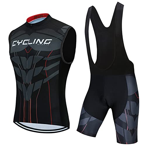 Radtrikot Herren Fahrradbekleidung Sommer|Radsportanzug Ärmellos Set Fahrradweste Anzug|Radweste Männer,Atmungsaktiv MTB Fahrradtrikot Sleeveless Oberteil und Radhose mit 19D Gel Sitzpolster(14,3XL)