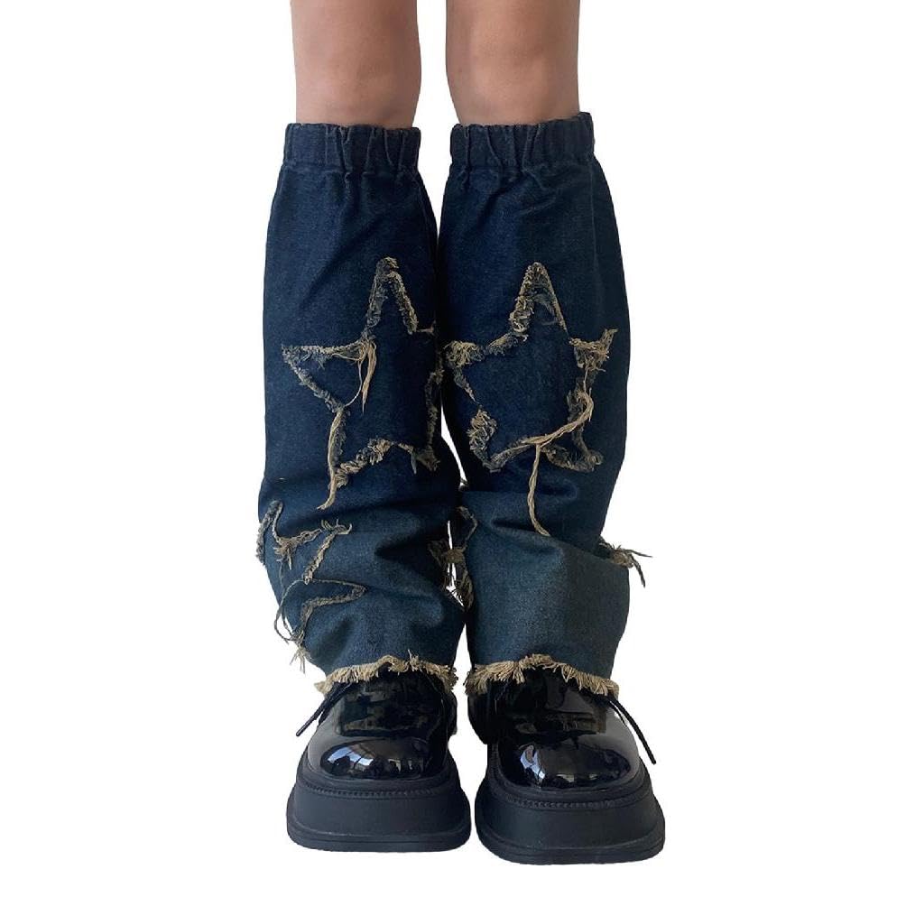 Ranuw Mädchen Punk Denims Beinwärmer Y2K Star Jean Ausgestellte Beinärmel Goth Baggy Manschetten Knöchel Haufen Socken JK Mittelrohrsocken Beinwärmer Socken