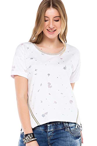 Cipo & Baxx Damen T-Shirt Splatter Look Schlitz Glitzer Streifen Baumwolle Rundhals Shirt WT246 Weiß M