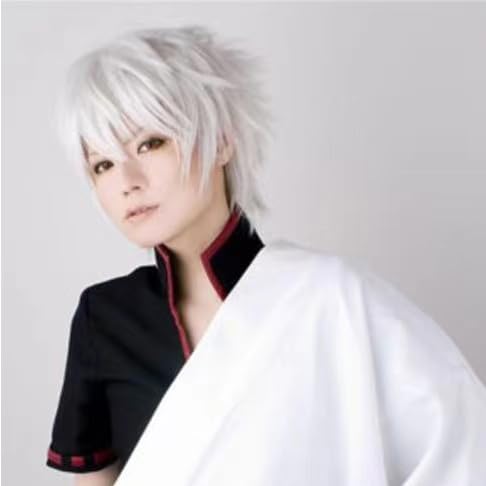 WCCNKK Anime Cosplay Perücke, GINTAMA Sakata Gintoki Perücke, Silbernes Kurzes Lockiges Haar, Mit Perückenkappe, Geeignet Für Halloween, Partys, Karneval, Comic-Ausstellungen, Anime-Geschenk