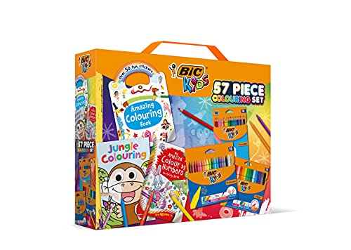 BIC Kids Stifte Set mit Malbuch: 18 Buntstifte, 18 Filzstifte, 18 Malkreiden, 3 Malbücher und 50 Sticker