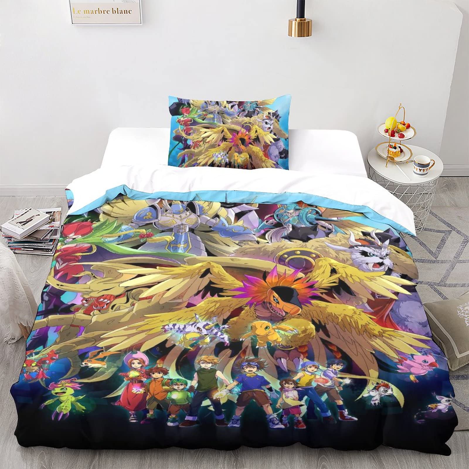 UKALOU Digimon Adventure Anime Bettwäsche Set Bettbezug 3D Bedruckte Betten Für Kinder Jungen Mädchen Thema Raumdekor Kuschelig 3 Teilig Sets Single（135x200cm）