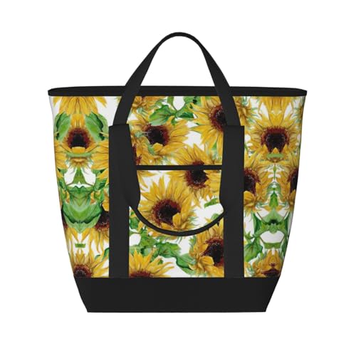 Einkaufstasche mit gelbem Sonnenblumen-Aufdruck, großes Fassungsvermögen, isolierte Lunchtasche, wiederverwendbare Einkaufstasche mit Reißverschluss für Damen und Herren