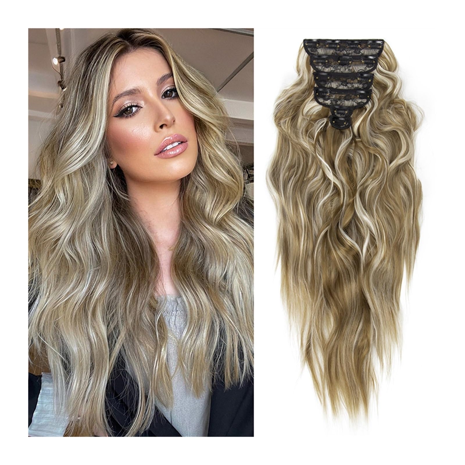 Clip-in-Haarverlängerungen Haarverlängerungen, 6 Teile/satz, for Anklipsen, lange, gewellte, dicke Haarteile, 22 Zoll, synthetische Haarverlängerungen, Ombré-Haarteile for Frauen Clip-in-Haarverlänger