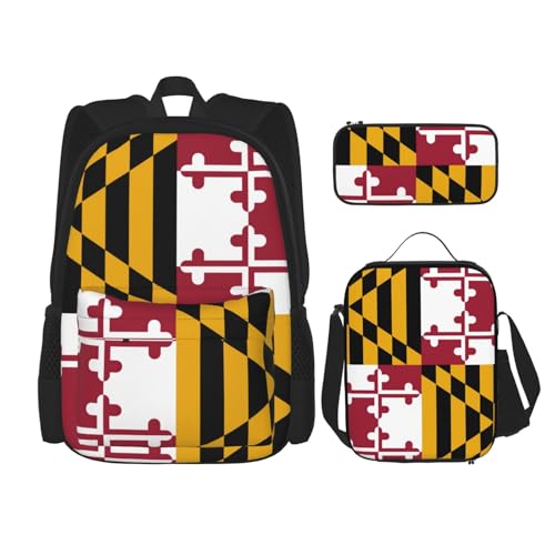 WURTON Rucksack mit Maryland-Staatsflaggen-Druck, für Mädchen, Jungen, Schultaschen, Teenager, Lunchbox und Federmäppchen, 3-in-1-Büchertaschen-Set