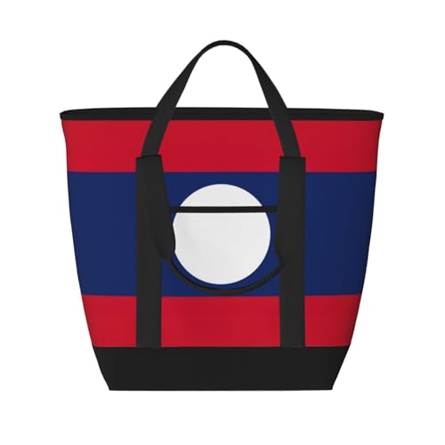 YQxwJL Isolierte Kühltasche, Einkaufstasche, Motiv: Flagge von Laos, große Kapazität, für Reisen, Strand, wiederverwendbare Einkaufstasche für Erwachsene, Schwarz, Einheitsgröße