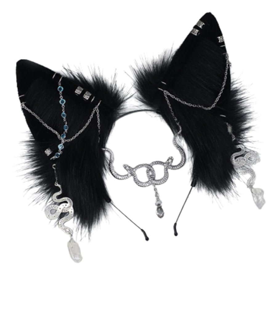 Dunkle Gothic-Fuchsohr-Kopfbedeckung mit Kettenbesatz, Kunstfell, Tierohren, Stirnband, Party, Cosplay, Haarschmuck (Schwarz / Silber)