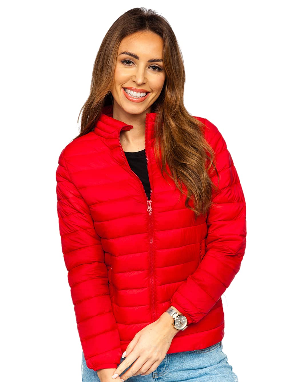 BOLF Damen Übergangsjacke Steppjacke Stehkragen Daunenjacke Reißverschluss Sportjacke Zip Wärme Freizeit Sport Basic Outdoor Casual Style 1141 Rot(Dunkel) XL [D4D]