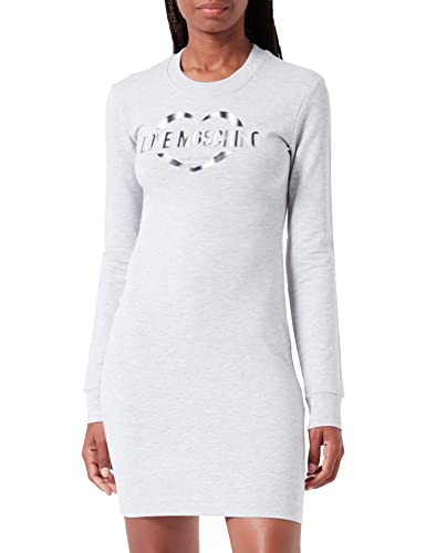 Love Moschino Damen Tight-fitting Long Sleeves in Stretch Cotton-modal Fleece With Heart Olographic Print Dress, Melange Light Gray, 44 EU