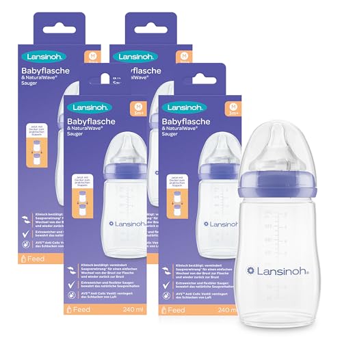 Lansinoh Babyflaschen Set mit NaturalWave Sauger Gr. M, 240 ml, 4er Pack - Babyflasche im neuen kompakten Design für verbesserte Stabilität - mit stapelbarem Deckel