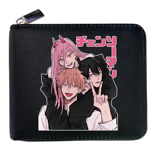 RYNDEX Chains-aw Man Geldtasche Anime, PU-Leder Münzbörsen mit Reißverschluss, Teenager Reisegeldbeutel für Taschengeld Fahrkarte(Color:Black 9)