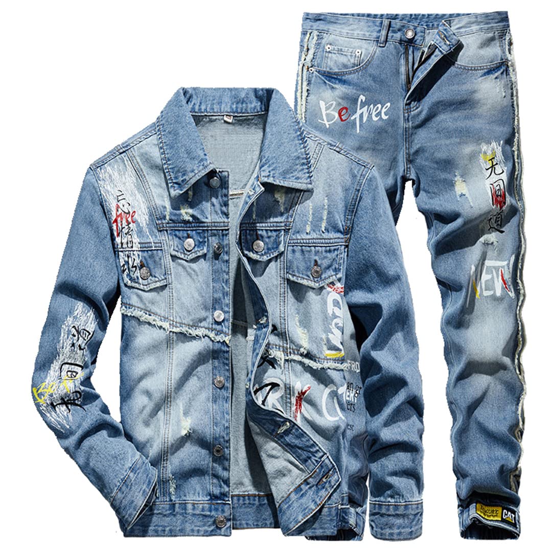 Hcclijo Herren Jeans Sets Jacke + Jeans Blau Zweiteilige Sets Trainingsanzug Herren Druck Denim Hose Denim Anzug Jacke M Jeans 29