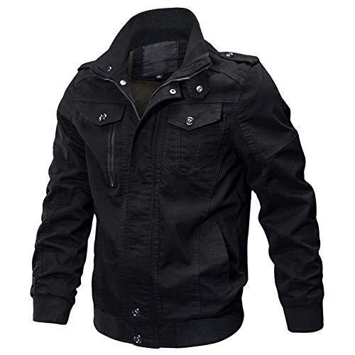 Idopy Herren Military Zip Up Oberbekleidung Baumwolle Jacke Mantel mit Schultergurten Schwarz 4XL/L