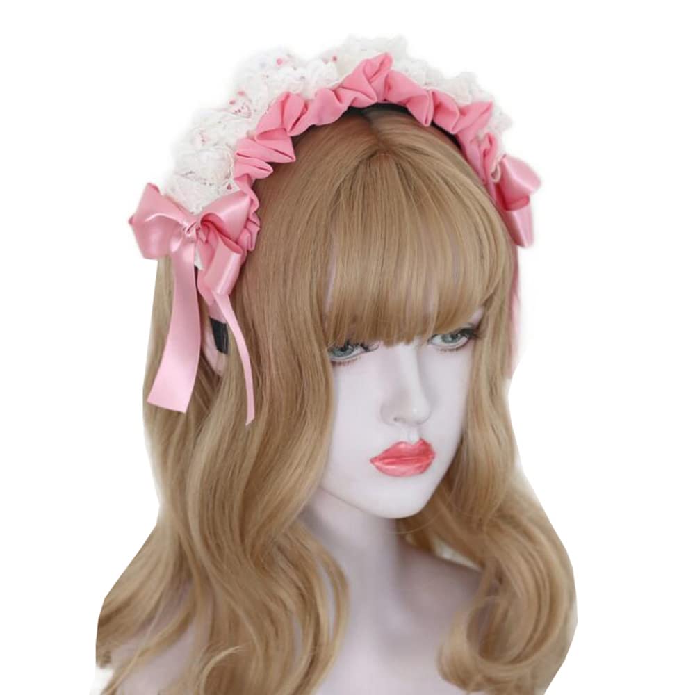 Niedlicher Lolita Kopfschmuck Spitze Schleife Haarband Anime Party Haarschmuck (Dunkelrosa)