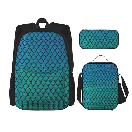 WURTON 3-in-1 Büchertaschen-Set, verstellbarer Schulter-Rucksack, Lunch-Tasche, Federmäppchen, Beutel, Blau, Schwarz, Einheitsgröße