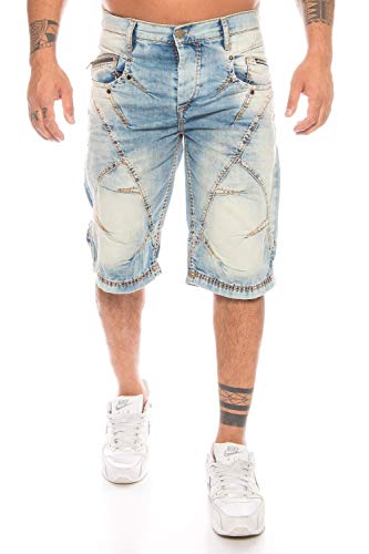 Cipo & Baxx Herren Denim Capri Jeans Shorts Kurze Bermuda HoseMit Dicken Kontrast Nähten Blau (W42)