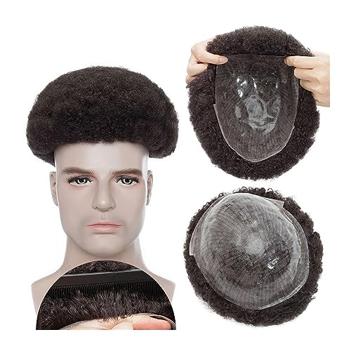 Toupet für Männer Haarersatz Systeme Afro-Toupet for schwarze Männer, 6 mm Afro Kinky Curl Herren-Haarteil, Perücke, 20,3 x 25,4 cm, Voll-PU-Basis, V-Schlaufe, männliche Haarprothesen, 130% Dichte, E