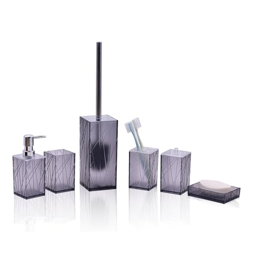 AMEEDA Badezimmer Set Badezimmer-Zubehör-Set aus Kunststoff, Toilettenbürste, Seifenspender, Mundwasserbecher, Zahnbürstenhalter, Seifenschale, Wattestäbchen-Box Badezimmer Set Akazie(T230-6 Grey)