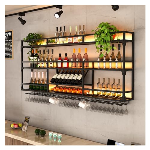 Hängende industrielle runde Weinregale, Mit LED-Licht - Schwebende Regale aus Metall - Hängendes Regal zur Präsentation von Schnapsflaschen - Rustikale Weinregale for die Hausbar(Black,100x25x90cm)