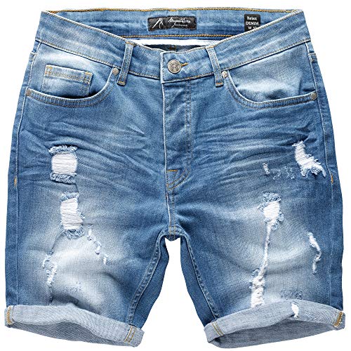 Amaci&Sons Herren Destroyed Jeans Shorts Kurze Hose Sommer Bermuda 7979 Hellblau W33