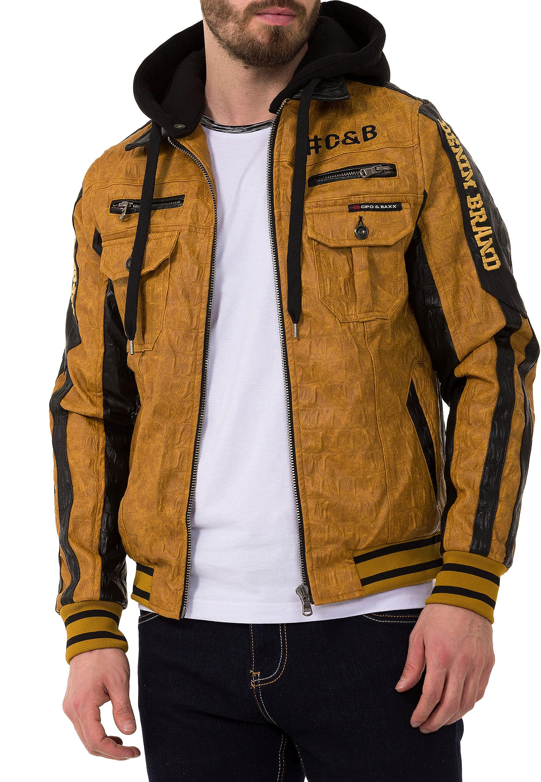 Cipo & Baxx Herren Lederjacke mit abnehmbarer Kapuze Kunstleder Bikerjacke CJ284 Mustard M