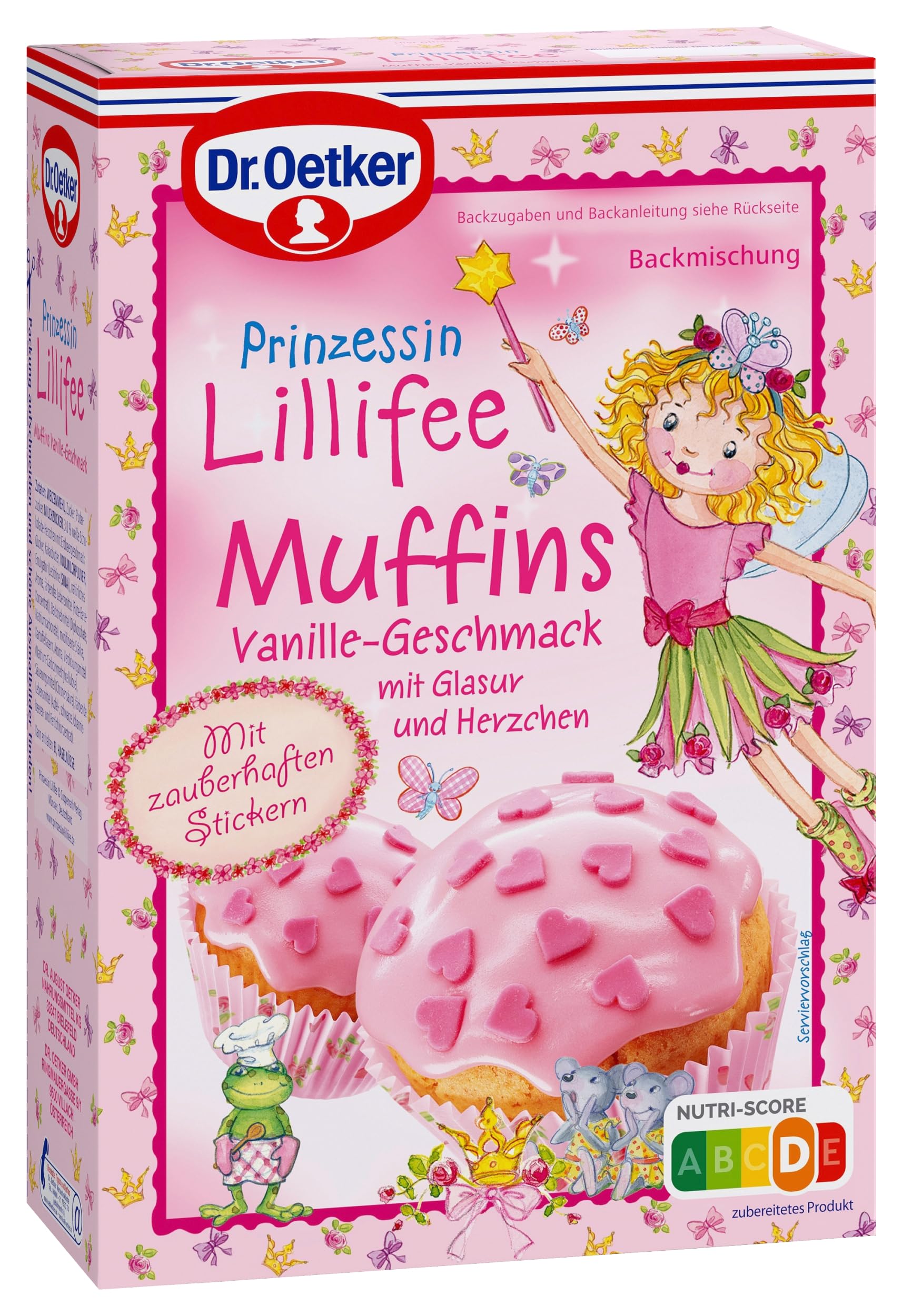 Dr. Oetker Prinzessin Lillifee Muffins mit Vanille-Geschmack, 3er Pack., 3 x 397 g, Backmischung für 12 Muffins, mit rosa Glasur & rosa Dekorherzchen, inkl. Papierbackförmchen