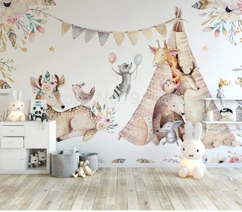 Cartoon Tiere Elch Giraffe 3D Tapete Poster Restaurant Schlafzimmer Wohnzimmer Sofa TV Dekorative Wand-200cm×140cm