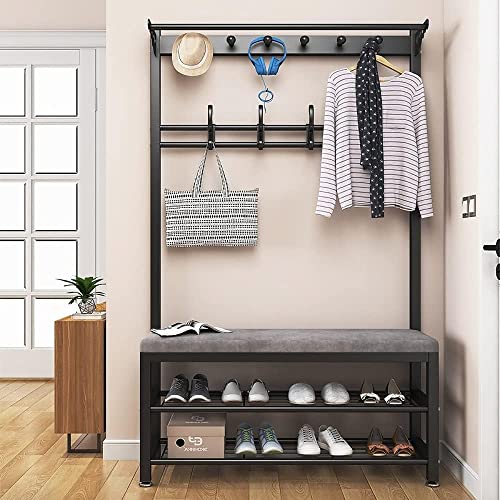 Stand-Industriegarderobe, freistehender Flurbaum mit Schuhbankhaken und rutschfestem Fußpolster für Schlafzimmer, Flur, Wohnzimmer, maximale Tragfähigkeit 150 kg, Schwarz, 100 x 33 x 170 cm