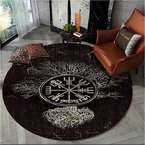 CKSEKD Wikinger Valknut Tree of Life Runder Teppich für Wohnzimmer Schlafzimmer Sofa Spielzimmer Dekor rutschfeste Bodenmatte 120cm