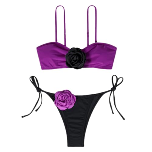 JUNNASALIKER Zweiteiliges Damen-Badeanzug-Set, 3D-Blumendekoration, Bandeau-Badeanzug mit verstellbarem Schulterriemen