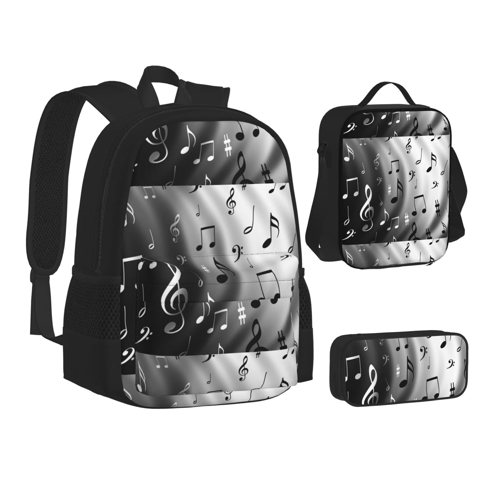 WURTON Büchertasche mit Musiknoten-Druck, Teenager, Lunch-Tasche, Federmäppchen, 3-in-1, Schulrucksack-Set, Kinderrucksack, Musiknotizen Druck, Einheitsgröße