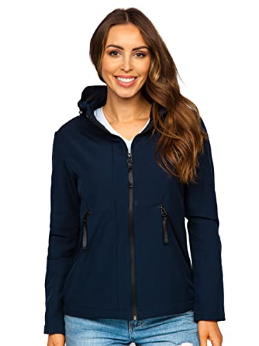 BOLF Damen Softshelljacke Übergangsjacke mit Kapuze Regenjacke Funktionsjacke Winddicht Wasserdicht Sportjacke Trekkingjacke Atmungsaktiv Outdoor Style HD183 Dunkelblau L [D4D]