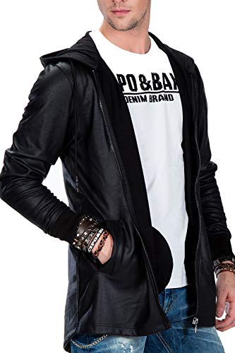 Cipo & Baxx Herren Jacke Kunstleder Jacke Kapuzenjacke Rockige Leder Jacke Übergangsjacke Oversizejacke Schwarz XXL