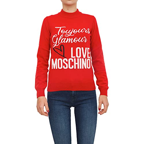 Love Moschino Damen Regular fit Turtleneck Long Sleeve with Embroidered Slogan and Logo Intarsia in Front Pullover Sweater, RED, 46