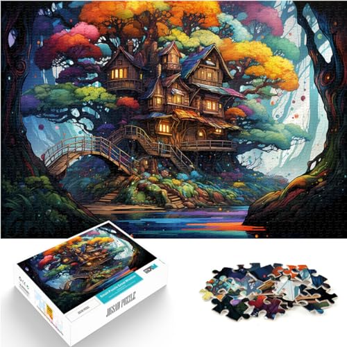 Puzzle für Puzzle, farbenfrohes und psychedelisches Baumhaus im Wald, 1000 große Teile, Puzzle für Erwachsene, Holzpuzzle für Puzzlegeschenke, 1000 Teile (50 x 75 cm)