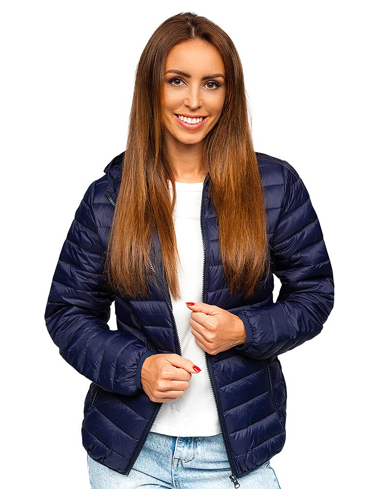 BOLF Damen Übergangsjacke Steppjacke mit Kapuze Daunenjacke Reißverschluss Sportjacke Zip Wärme Freizeit Outdoor Basic Casual Style M23036 Dunkelblau M [D4D]