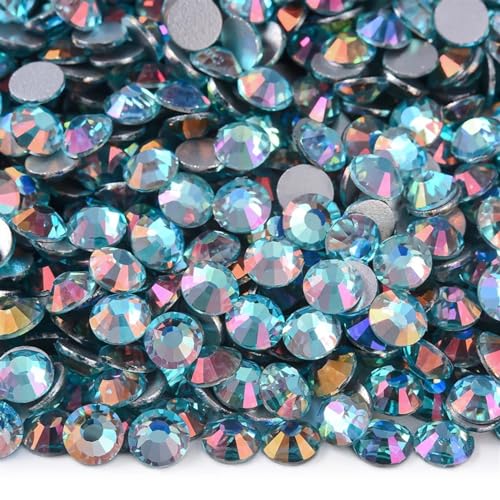 Bulk Flatback Strasssteine, Kristall Hotfix, 1000 Stück SS3–SS34 Glitzer-Strasssteine, nicht Hotfix, Edelsteine, Glas, flache Rückseite, Diamant for Nagelkunst, Nagel-Charms, Kleid(Aquamarine Light,Mi